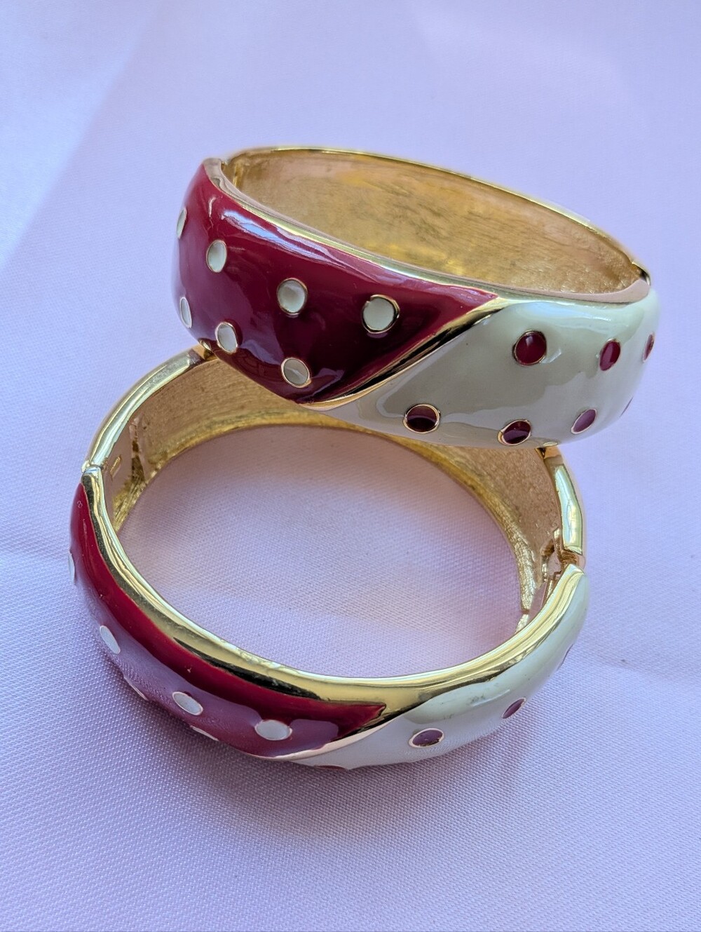 Vintage Gold-Tone Red & Cream Polka Dot Bangle Bracelets